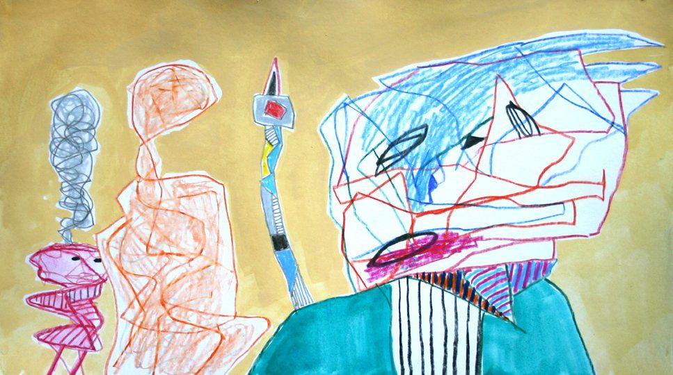 A colorful drawing of a man with a syringe in his mouth.