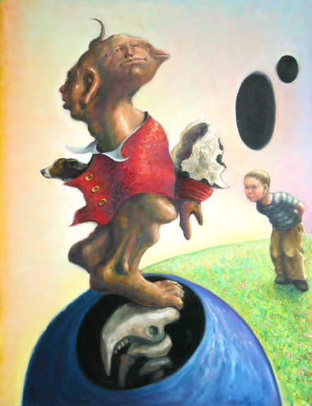 A painting of a man with a dog on his back