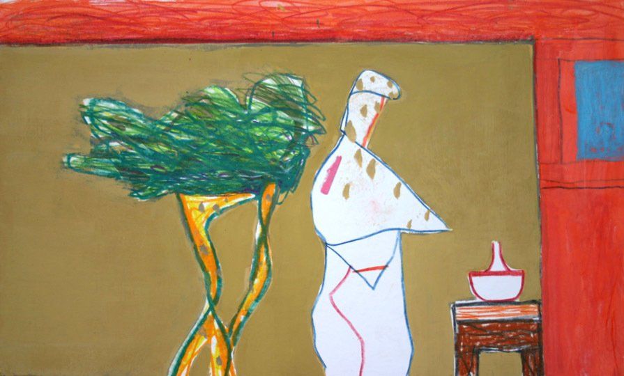 A painting of a person standing next to a tree and a vase.