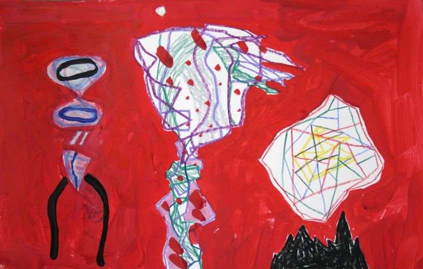 A child 's drawing of a flower and a skeleton on a red background