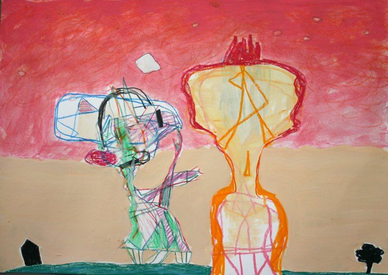 A child 's drawing of two people standing next to each other.