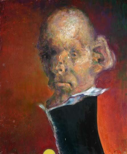 A close up of a painting of a man 's head on a red background.