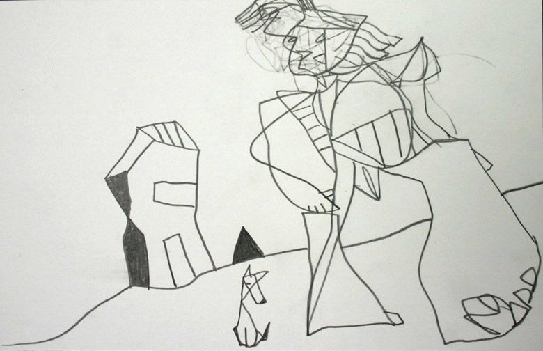 A black and white drawing of a man and a dog