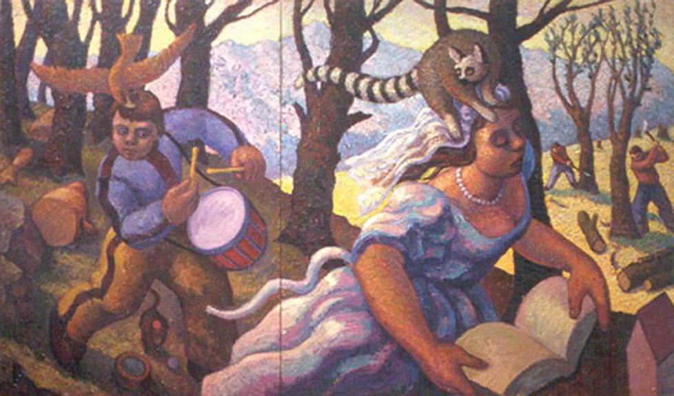 A painting of a man playing a drum and a woman reading a book in a forest.