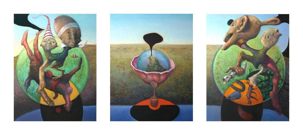 A set of three paintings of a man standing in a field.