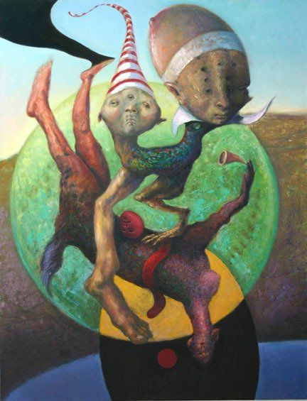 A painting of a clown with a bird on his back
