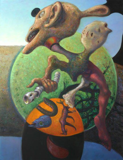 A painting of a strange creature with a bird on its head