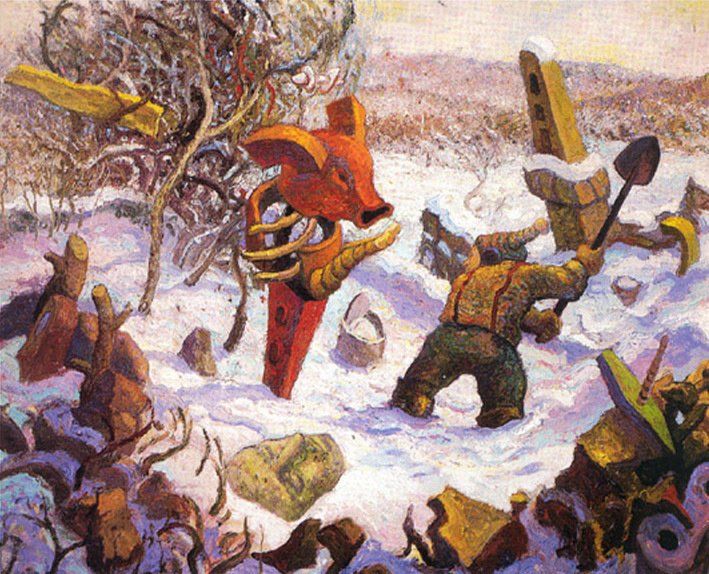 A painting of a man holding a shovel in the snow