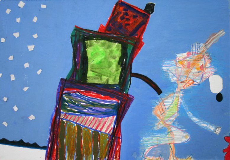 A child 's painting of a man standing next to a tower.