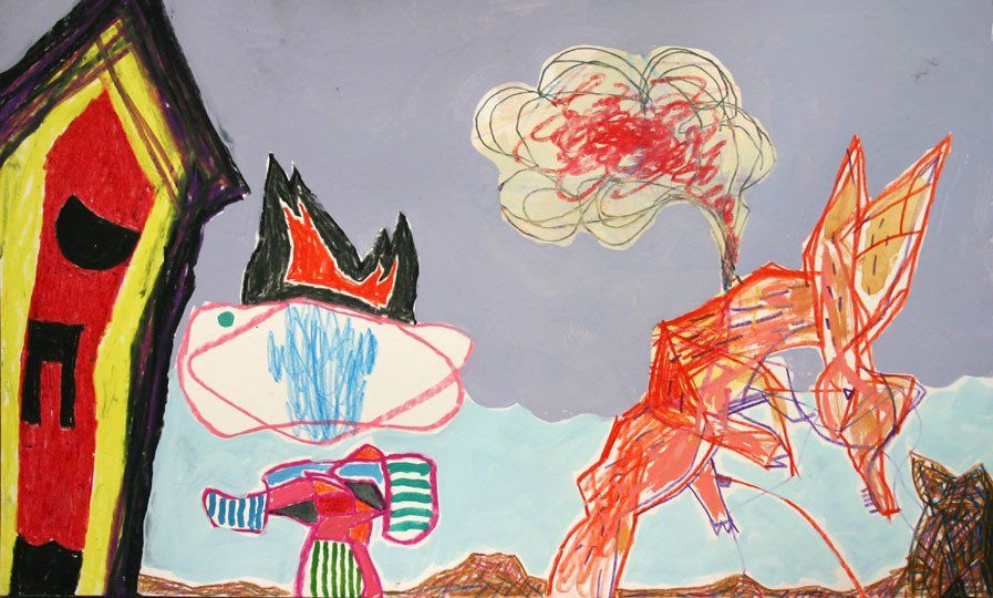 A child 's drawing of a house , a bird , and a cloud.