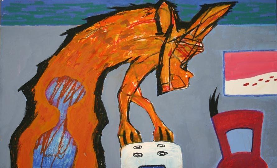 A painting of a dog standing on top of a stove