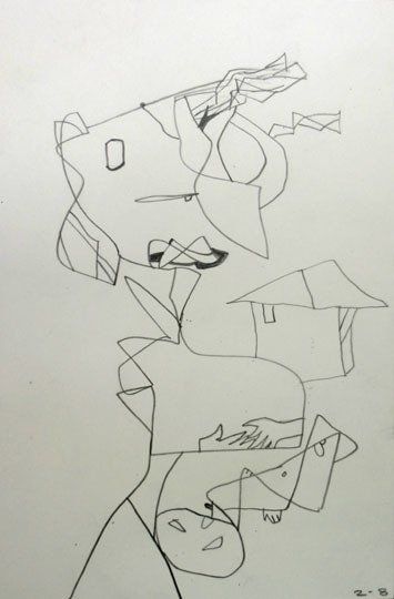A black and white drawing of a person with a house in the background