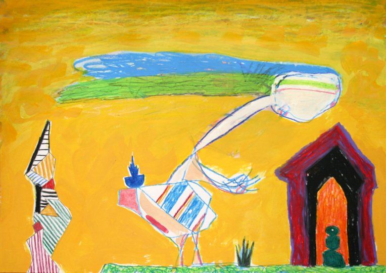 A painting of a bird standing next to a dog house
