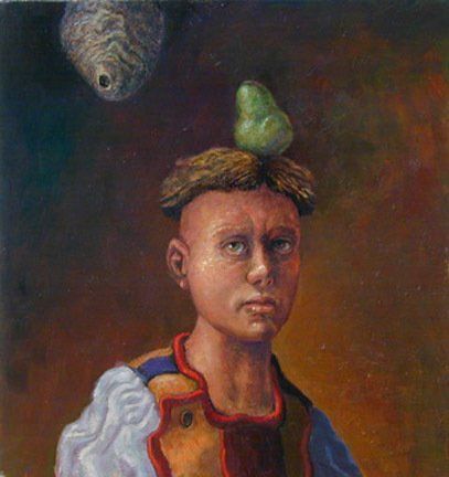 A painting of a man with a pear on his head