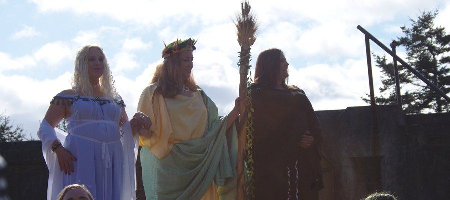 Three woman representing the Goddess, The Mysteries Ritual Drama