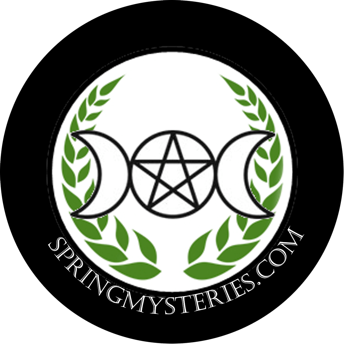 A logo for springmysteries.com with a pentagram and crescent moons