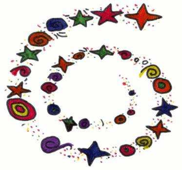 A drawing of a spiral with stars and circles on a white background.