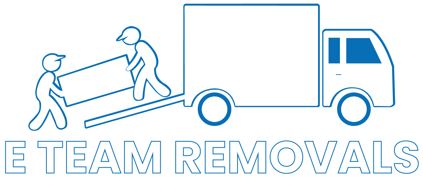 Blue “E Team Removals” logo with two people moving a box into a truck