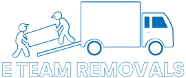 Blue “E Team Removals” logo with two people moving a box into a truck