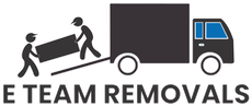 E Team Removals logo with two movers carrying furniture beside a black moving truck