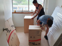 Two movers pack boxes in a bright room beside a window and wrapped furniture.