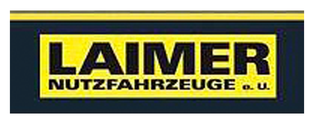 Ein gelb-schwarzes Schild mit der Aufschrift „Laimer Nutzfahrzeuge“
