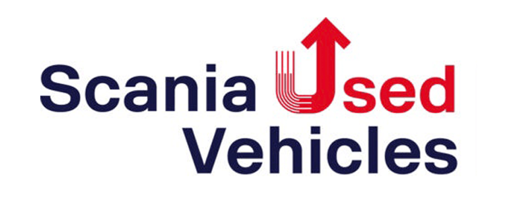 Das Logo für Scania-Gebrauchtfahrzeuge zeigt einen roten Pfeil nach oben.