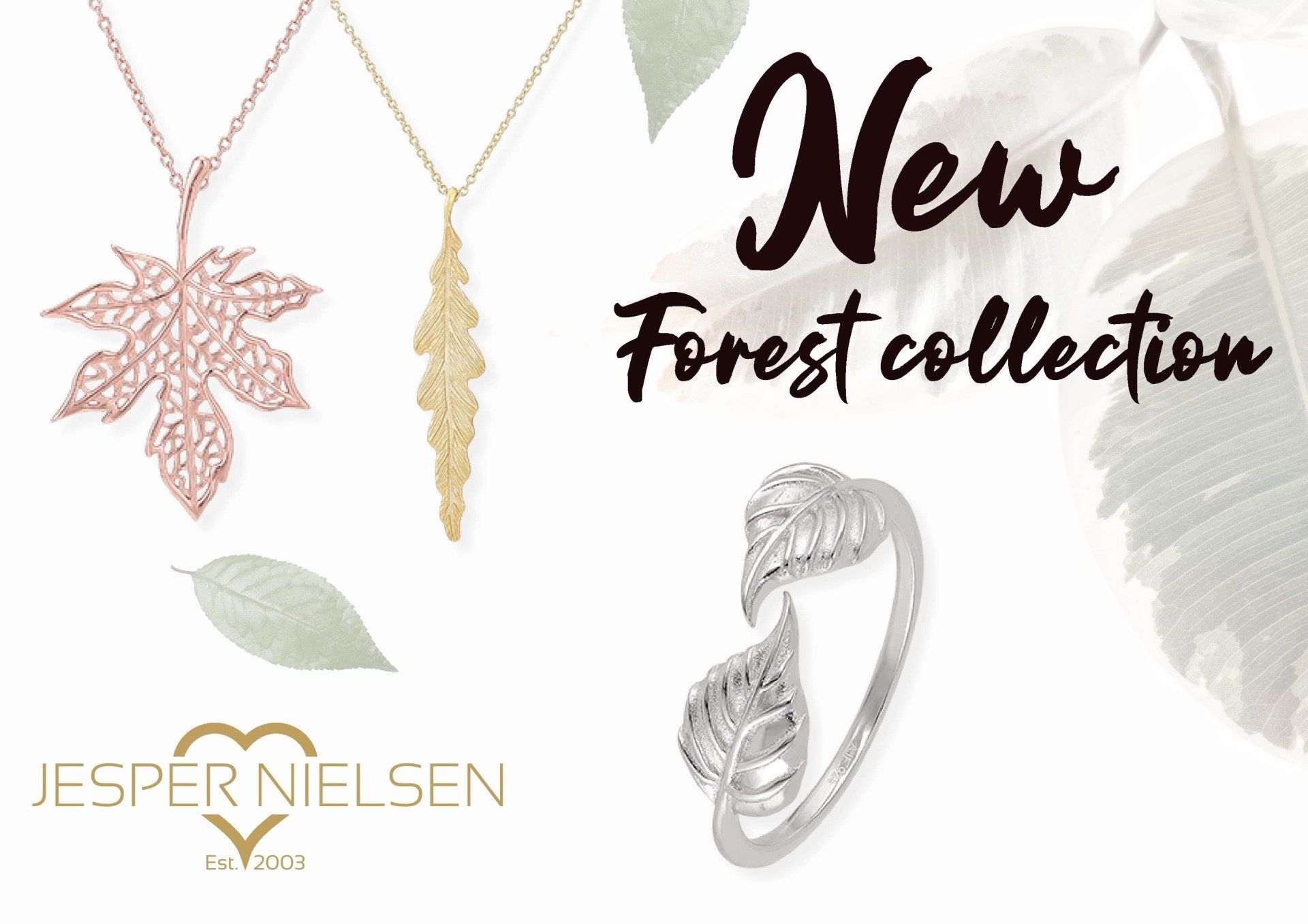 Die neue Forest-Kollektion umfasst eine Halskette, einen Ring und einen blattförmigen Anhänger.