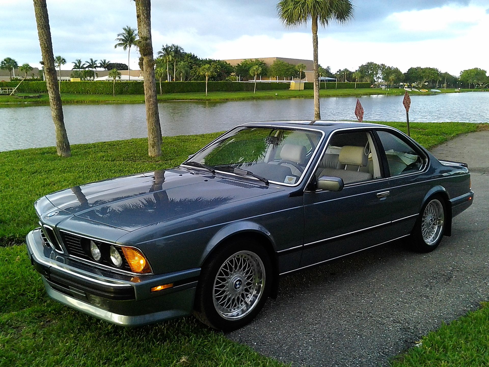 A blue car is parked in front of a body of water