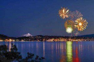 View of fireworks over river