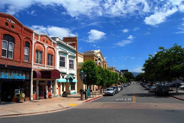 Small downtown street with brick storefronts, trees, parked cars, and a bright blue sky | Tony Wood Commercial Real Estate, Central Coast