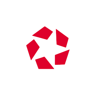 Red geometric recycling-style logo made of five angled shapes on a white background