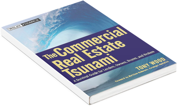 Book cover for “The Commercial Real Estate Tsunami” with blue wave design and yellow title text