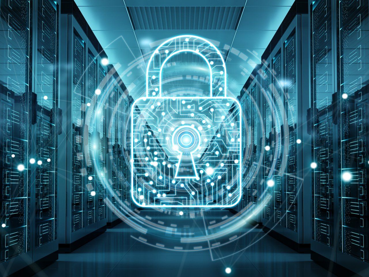 A computer generated image of a padlock in a server room