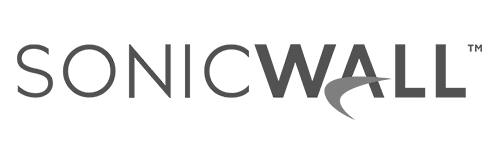 The logo for sonicwall is black and white and has a shark on it.