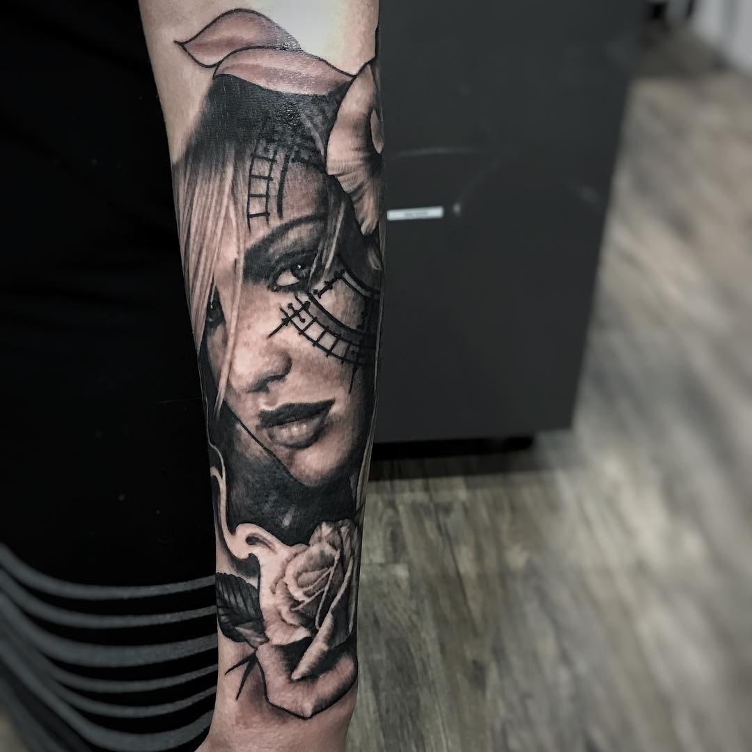 Girl Portrait and Roses Tattoo by Alan Coates at Black Gold Tattoo Co in Edmonton Alberta Canada