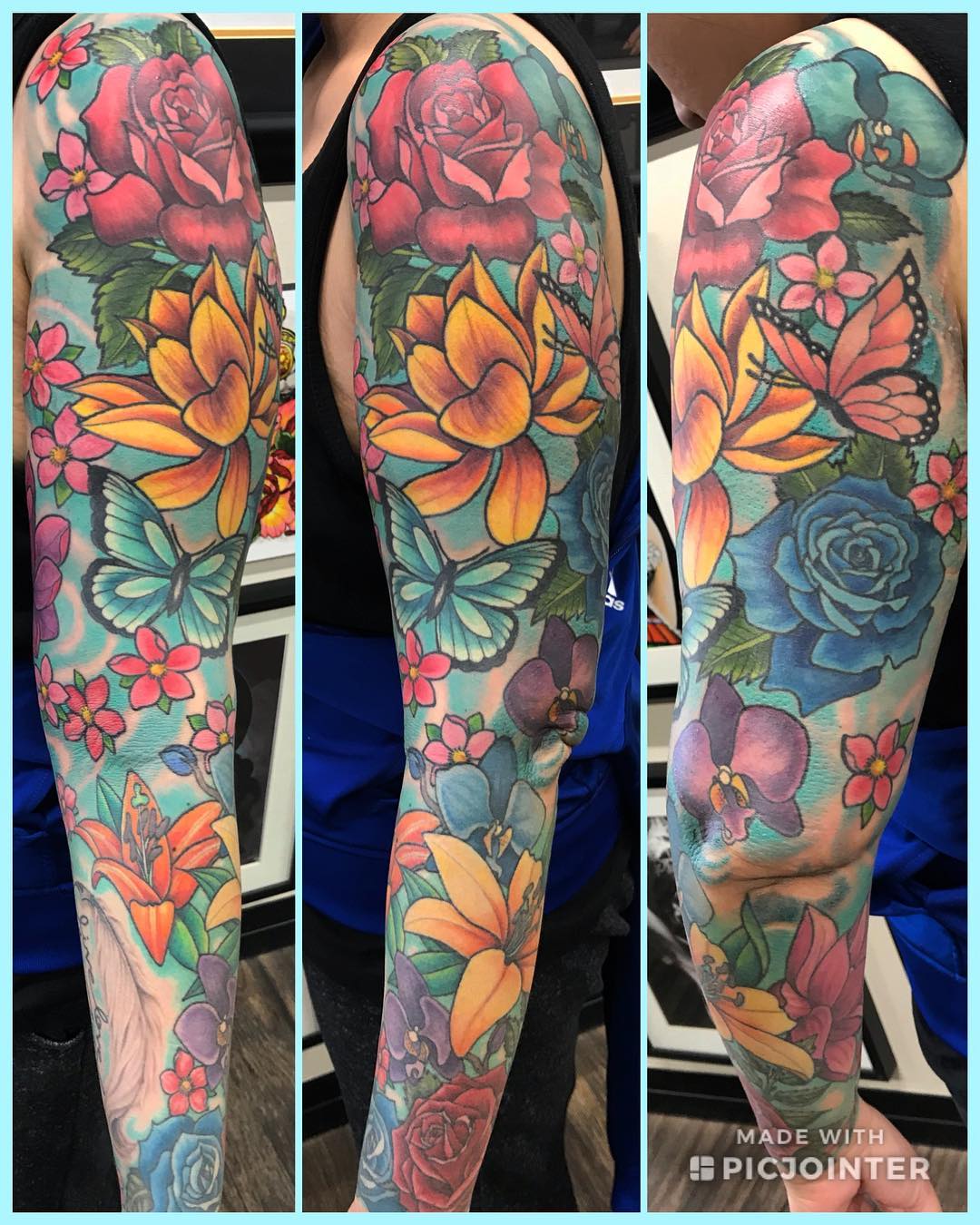Butterflies and Floral Sleeve by Jess Alther at Black Gold Tattoo Co in Edmonton Alberta Canada