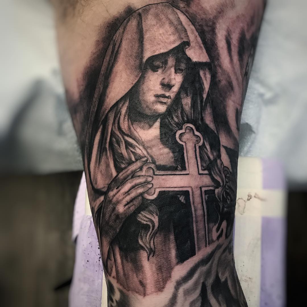 Mary Portrait Tattoo by Alan Coated at Black Gold Tattoo Co in Edmonton Alberta Canada