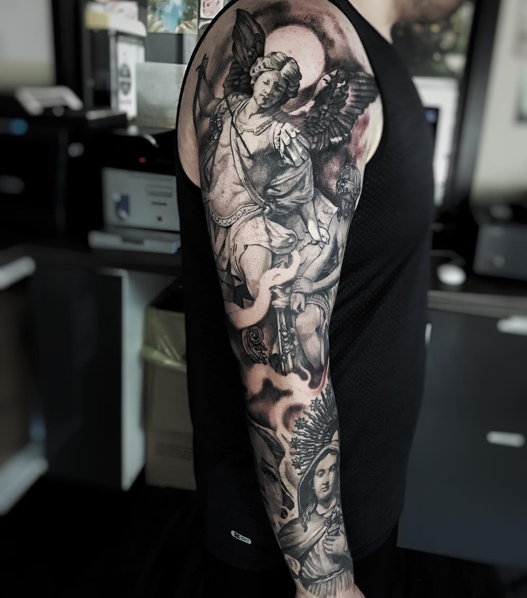 St. Michael Sleeve by Alan Coates at Black Gold Tattoo Co in Edmonton Alberta Canada