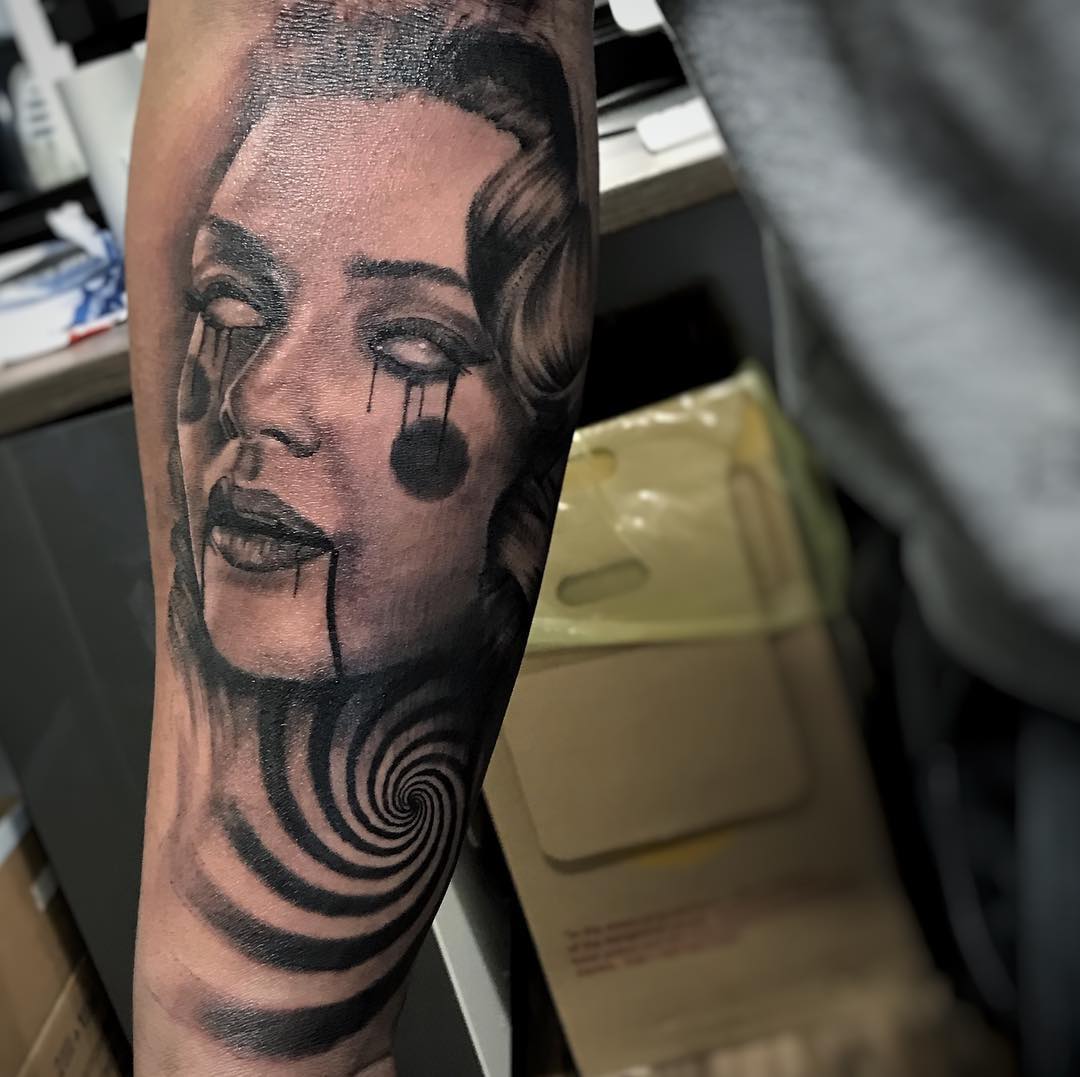Clown Girl Portrait Tattoo by Alan Coates at Black Gold Tattoo Co in Edmonton Alberta Canada