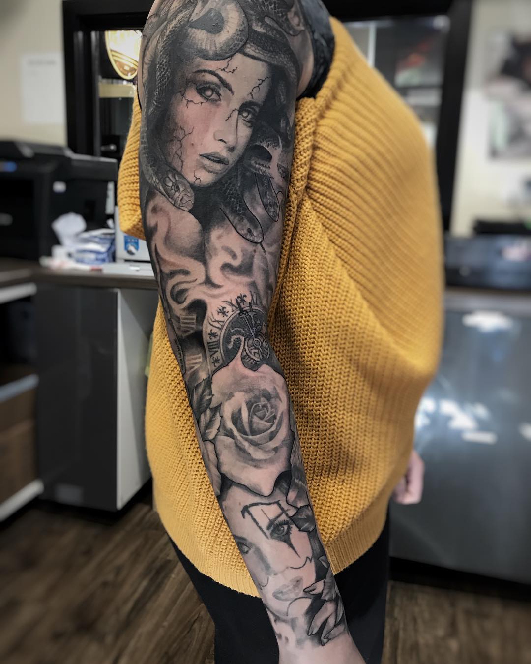 Medusa Roses and Girl Portrait Sleeve by Alan Coates at Black Gold Tattoo Co in Edmonton Alberta Canada