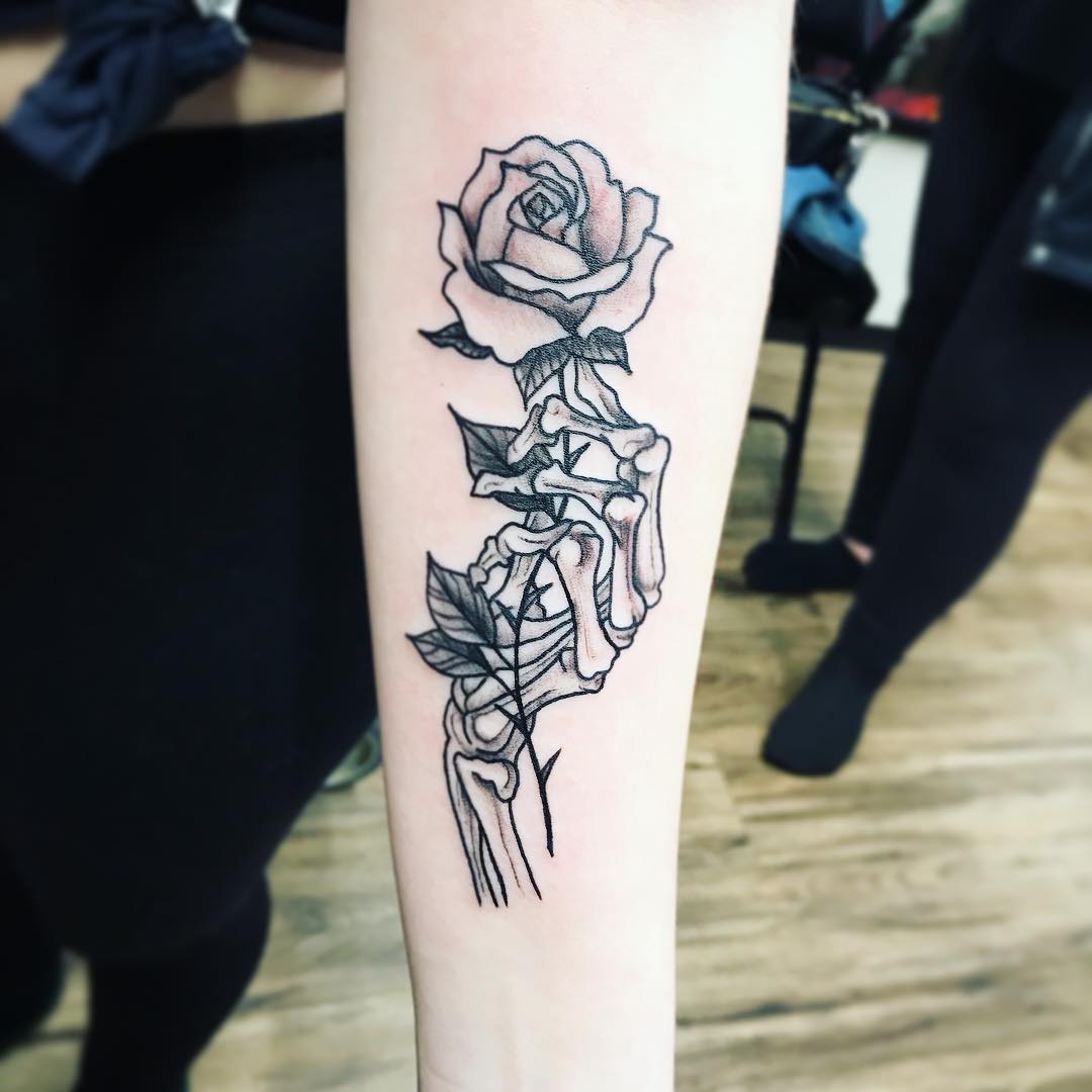 Skeleton Hand and Rose Tattoo by Jess Alther at Black Gold Tattoo Co in Edmonton Alberta Canada