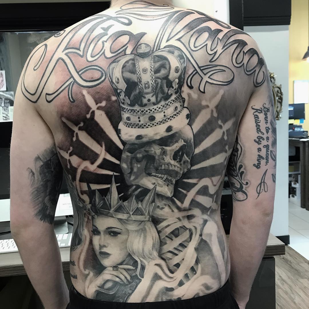 Skeleton King and Queen Back Piece by Alan Coates at Black Gold Tattoo Co in Edmonton Alberta Canada