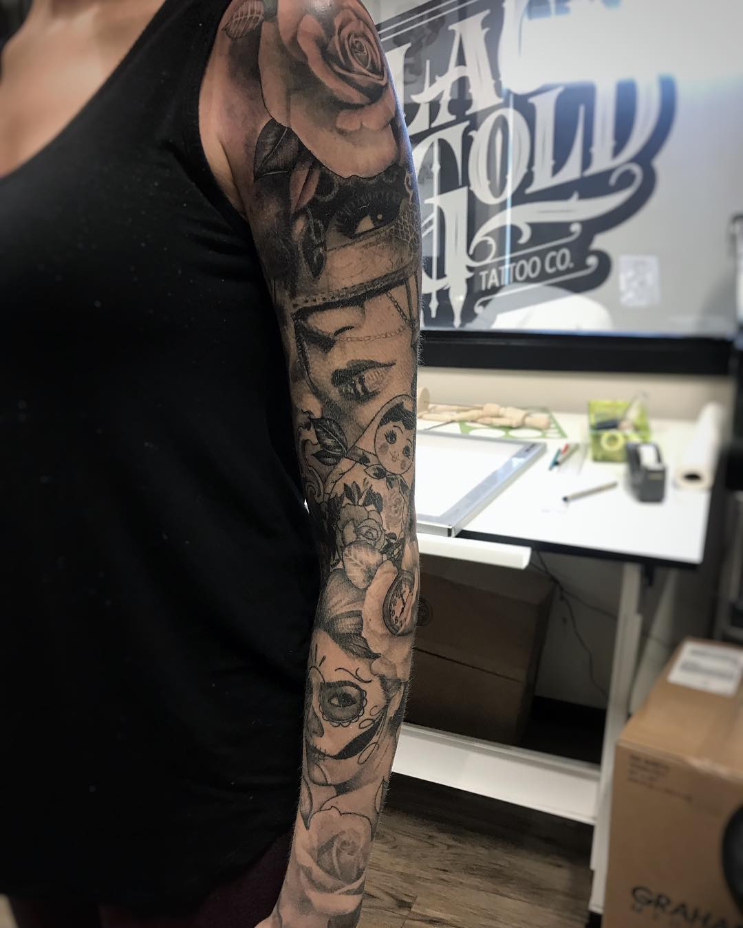 Roses Girl Portraits and Nesting Doll Sleeve by Alan Coates at Black Gold Tattoo Co in Edmonton Alberta Canada