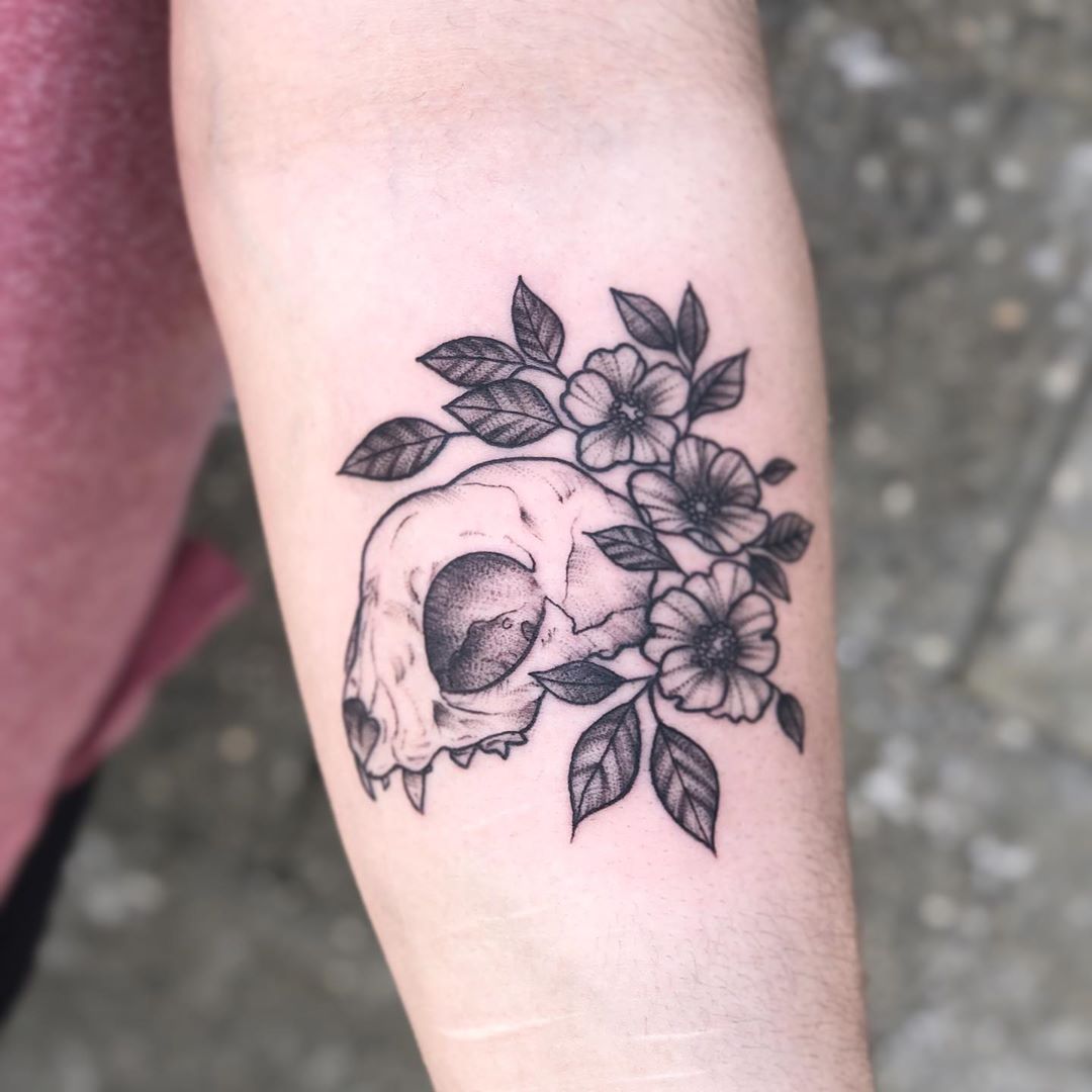 Cat Skull and Floral Tattoo by Vanessa Spezowka at Crimson Empire Tattoo in Edmonton Alberta Canada