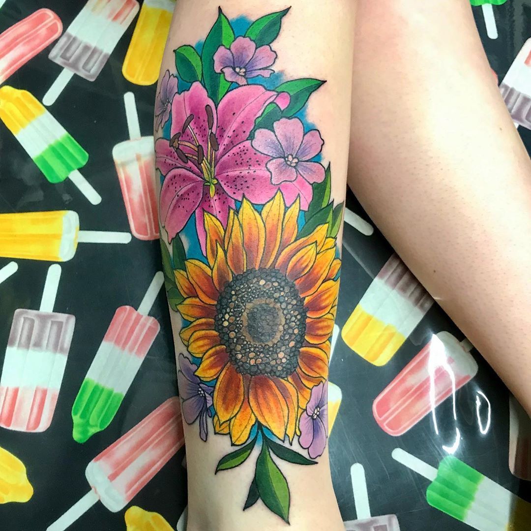 Sunflower and Floral Tattoo by Jess Alther at Black Gold Tattoo Co in Edmonton Alberta Canada