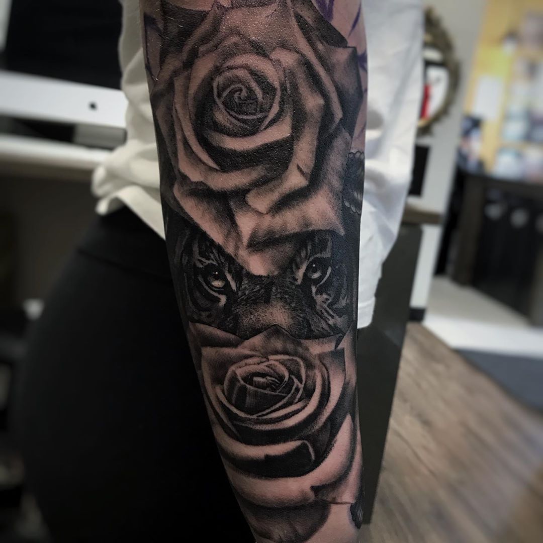 Tiger and Roses Tattoo by Alan Coated at Black Gold Tattoo Co in Edmonton Alberta Canada