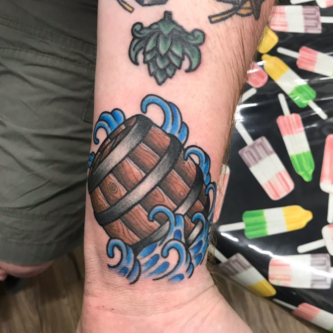 Barrel and Waves Tattoo by Jess Alther at Black Gold Tattoo Co in Edmonton Alberta Canada