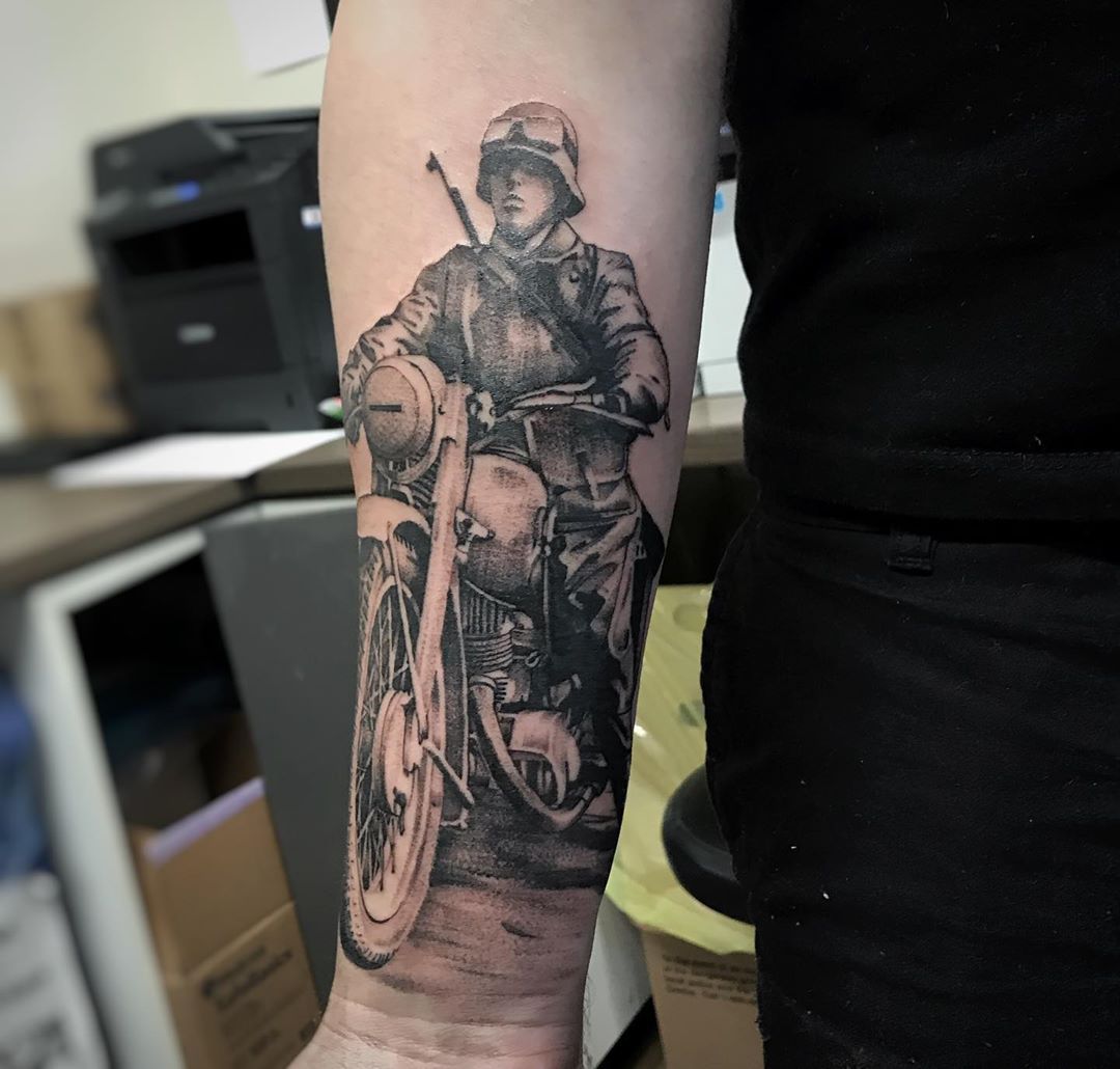 WW2 Motorcycle Soldier Tattoo by Alan Coates at Black Gold Tattoo Co in Edmonton Alberta Canada