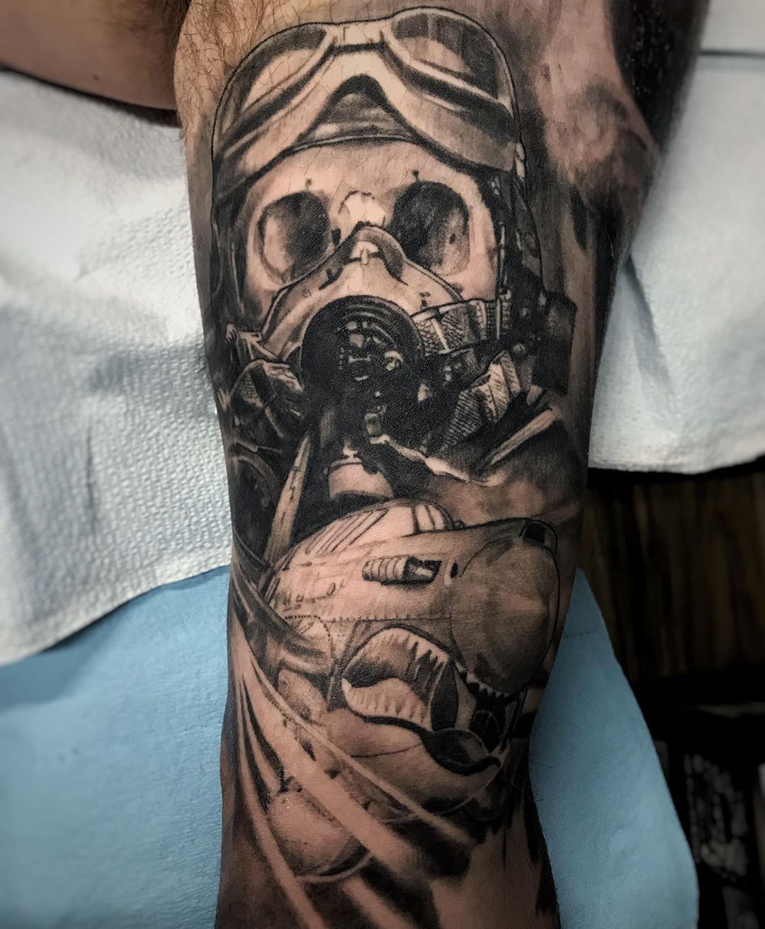 Fighter Pilot and Spitfire Tattoo by Alan Coates at Black Gold Tattoo Co in Edmonton Alberta Canada